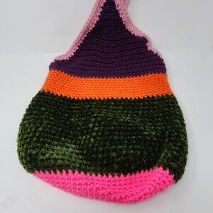 Crochet knit striped multi color tote bag